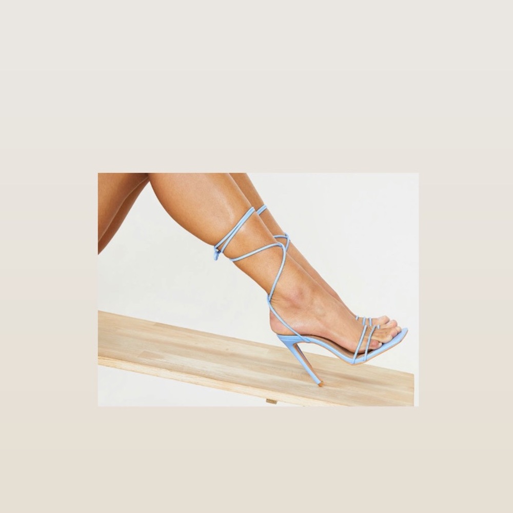 Blue PU Square Toe Lace Up Toe Loop Heels